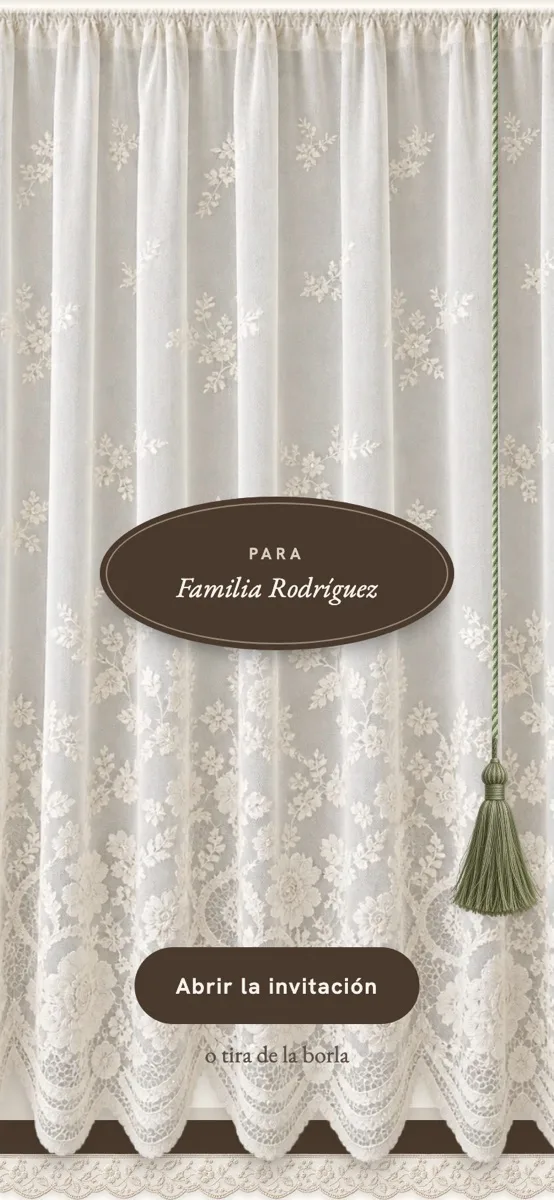 Diseño encaje: estor de encaje con una borla verde y el nombre de la familia en un óvalo