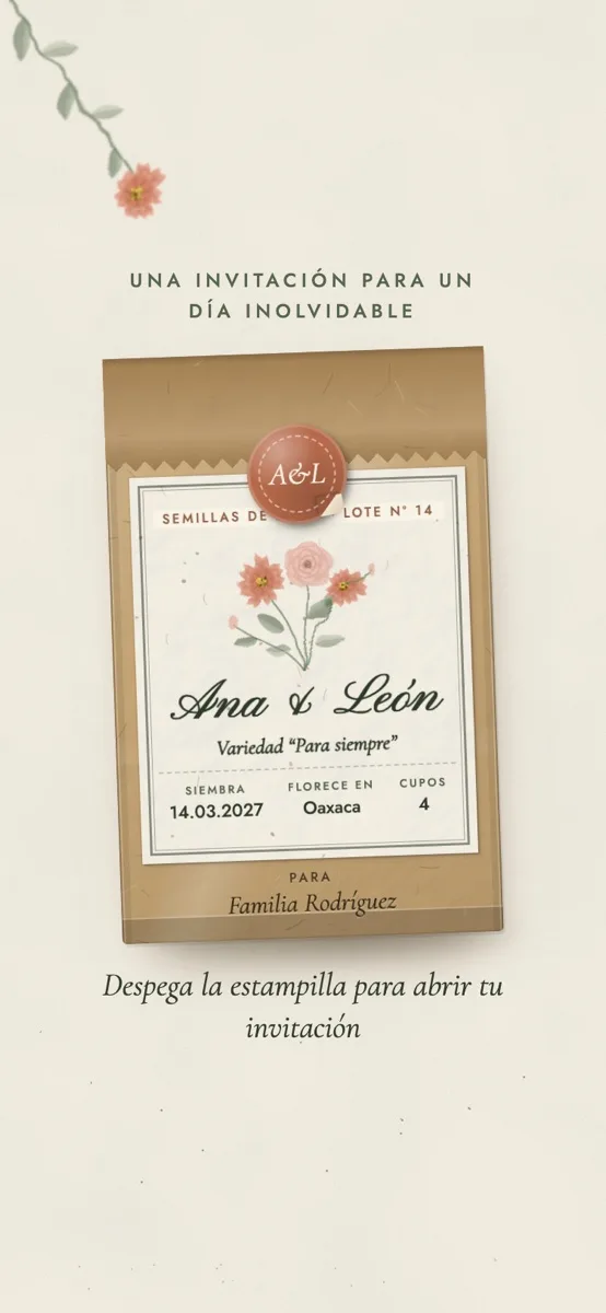 Diseño jardín: sobre de semillas kraft con estampilla