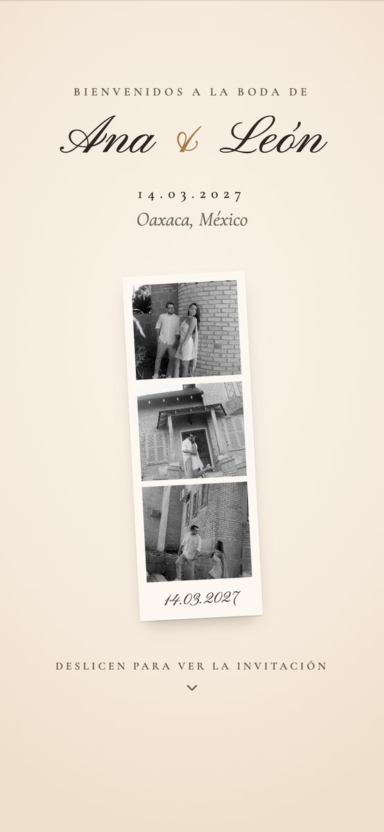 Diseño cabina: portada con los nombres en caligrafía y la tira de fotos inclinada