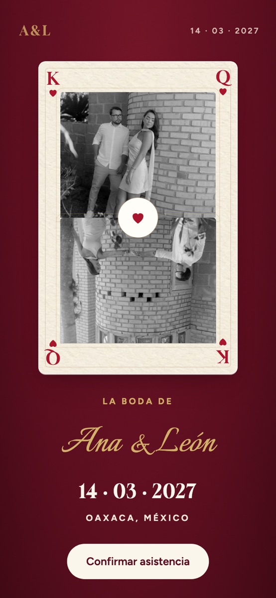 Diseño corazones: portada con una carta de doble cabeza con la foto de la pareja