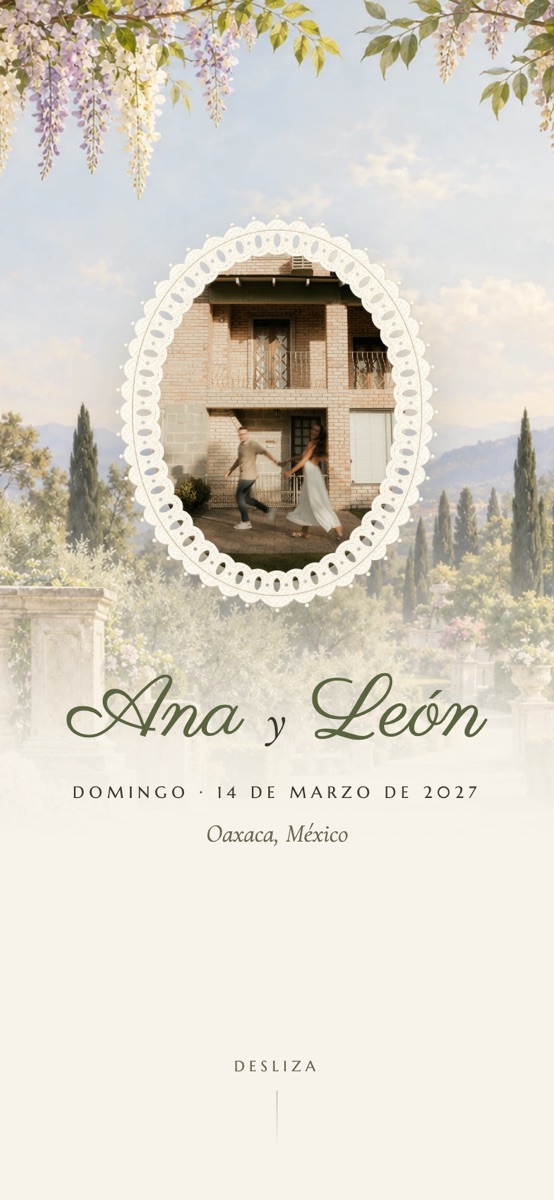 Diseño glicina: portada con foto en un óvalo de encaje y hortensias