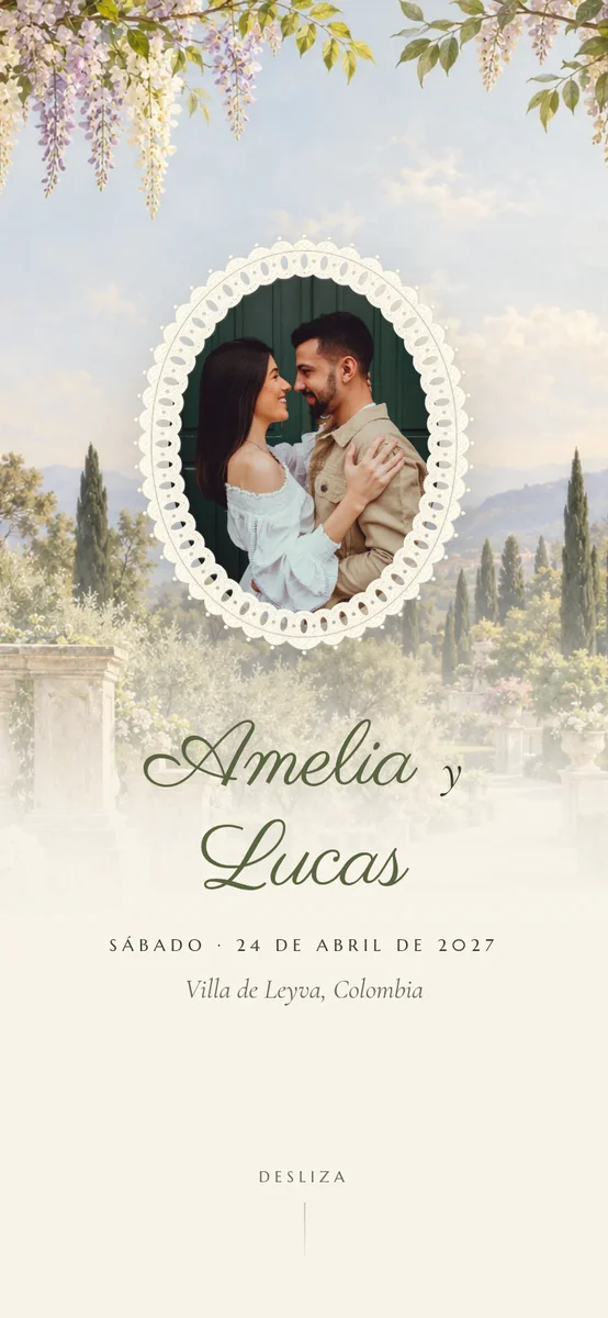 Diseño glicina: portada con foto en un óvalo de encaje y hortensias