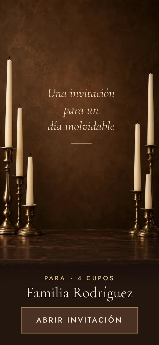 Lumbre design: brass candlesticks with unlit ivory candles, the invited family and the open button