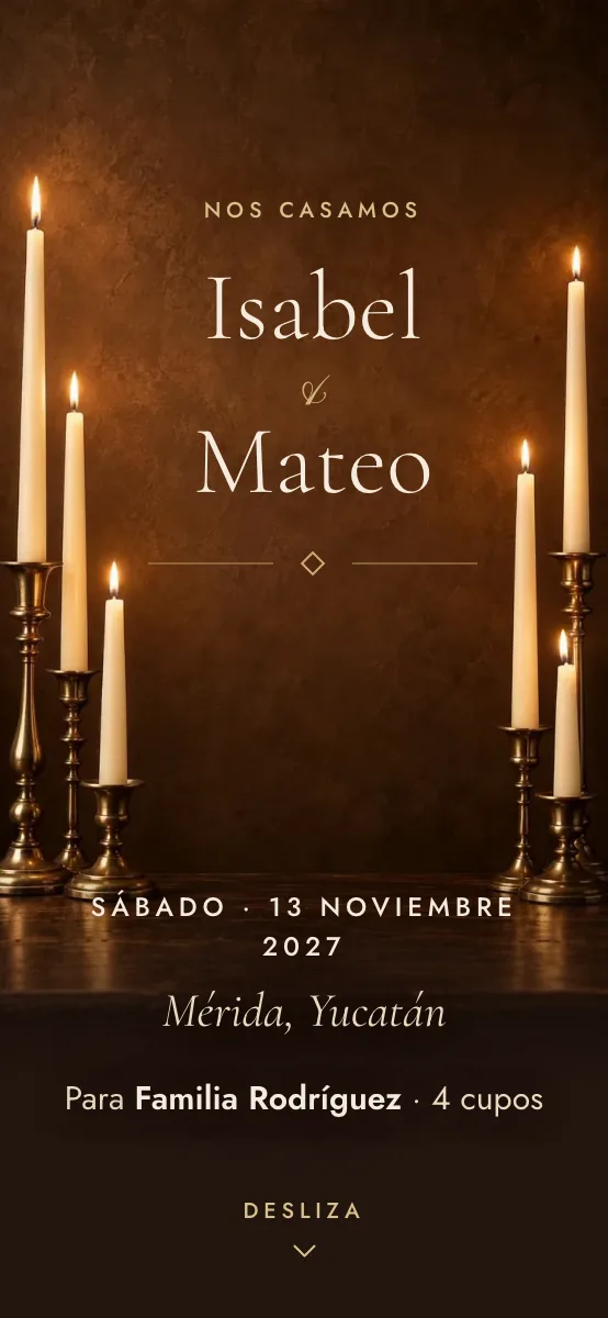 Lumbre design: cover with the candles lit and the names in serif on the wall between them