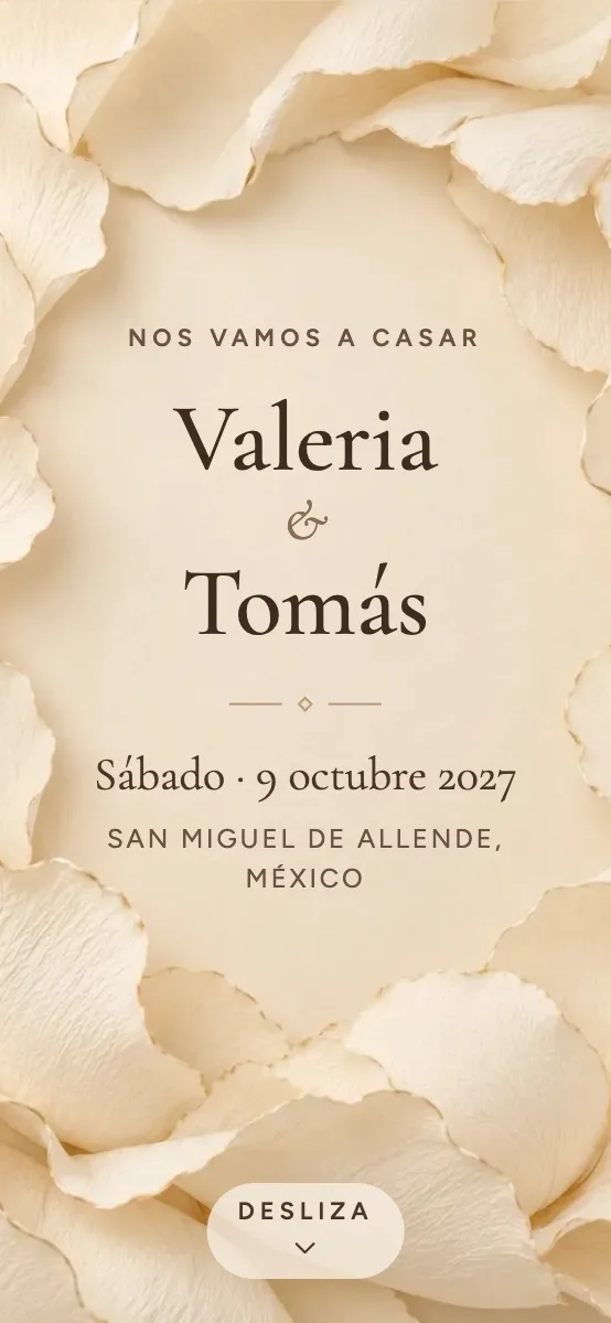 Pétalo design: cover with the names in serif at the centre of a frame of paper petals