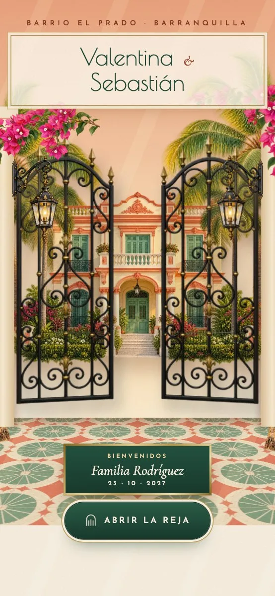 Diseño prado: la reja de una casona del Prado al atardecer con la familia invitada y el botón para abrir