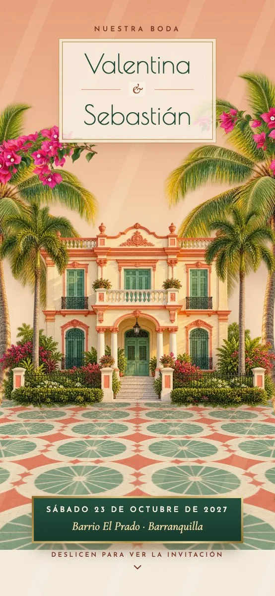 Diseño prado: portada con los nombres en una placa art déco sobre la casona con palmeras