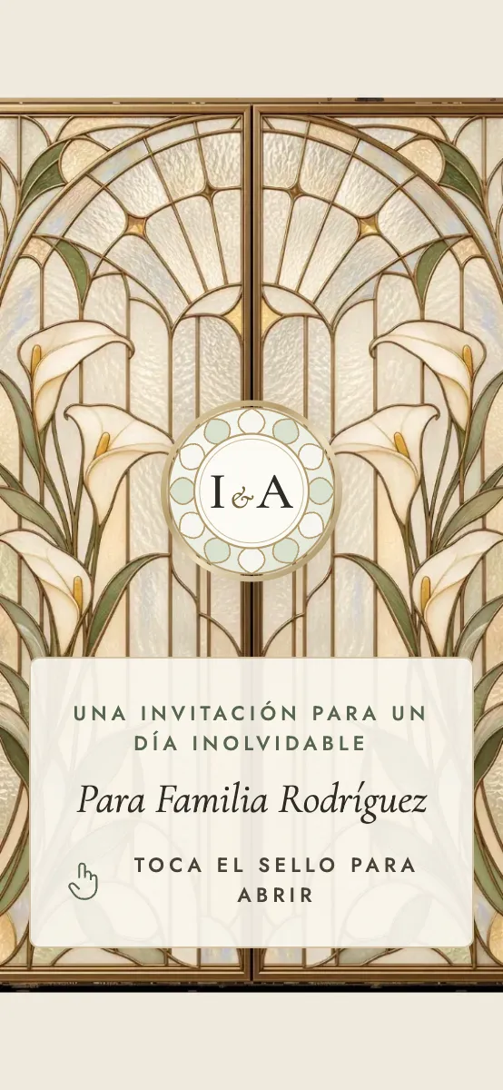 Diseño vitral: puertas de vitral cerradas con calas blancas y un sello con las iniciales