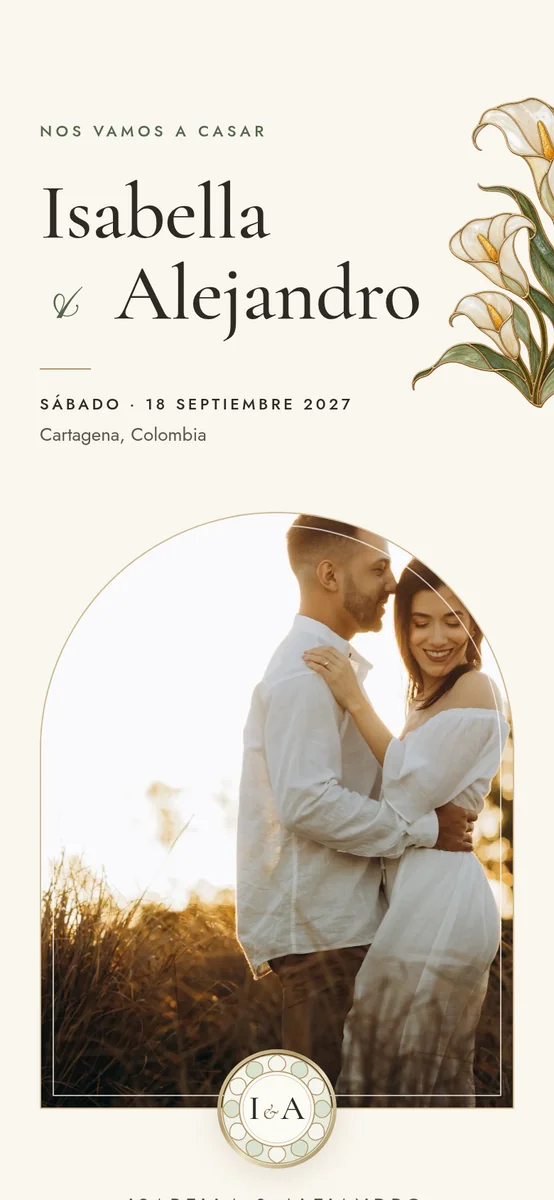 Diseño vitral: portada con los nombres en serif, calas de vitral y la foto de la pareja en un arco