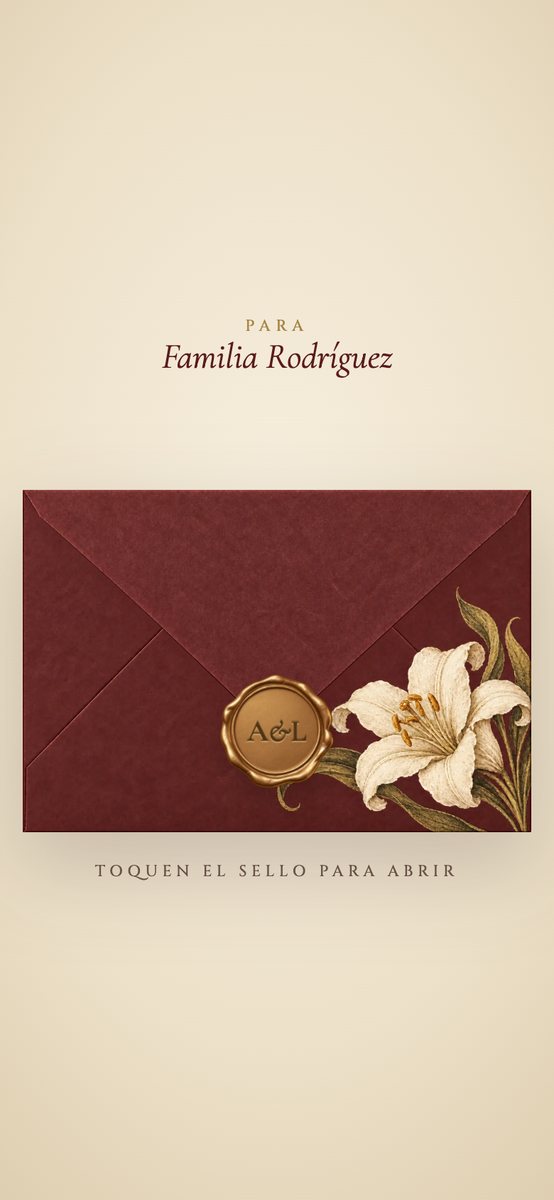 Lirios design: burgundy envelope with a lily and a gold seal with the initials
