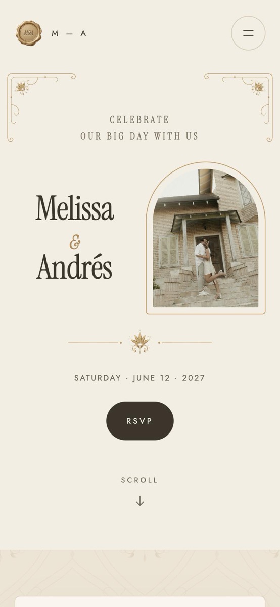 Romantic, open: the cover with the names, the arched photo and the date