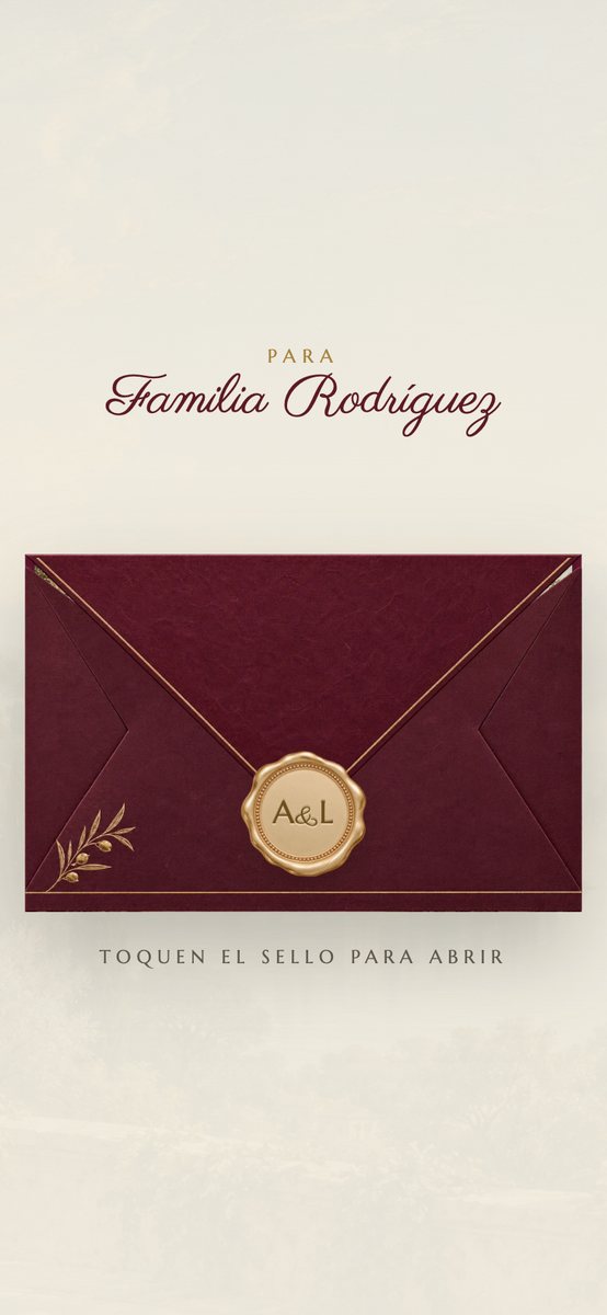 Villa design: burgundy envelope with a gold olive branch and a gold seal with the initials
