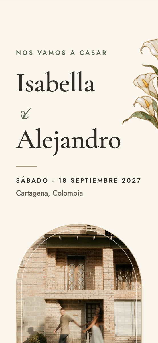 Diseño vitral: portada con los nombres en serif, calas de vitral y la foto de la pareja en un arco