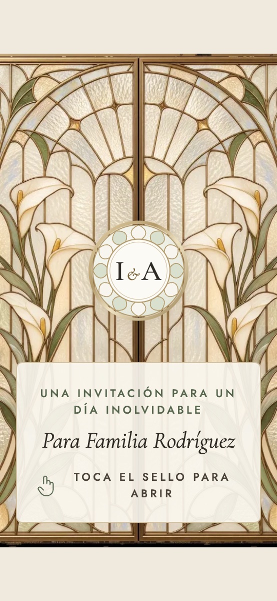 Diseño vitral: puertas de vitral cerradas con calas blancas y un sello con las iniciales